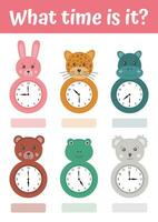 Telling time educational activity with clock in shape of cartoon funny animals. Preschool time learning. A game for children. Worksheet for school kids. Useful games for preschool and kindergarten. vector