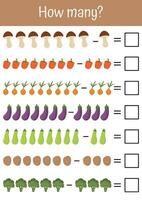 Addition, subtraction, and counting for early child development. Perfect for schools and kindergartens. Vegetables and fruits mathematic lists. Match the correct answers, learn math with interest. vector