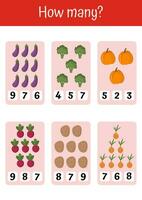 Colorful interesting math exercises for children, playful worksheets, addition, subtraction, counting. Suitable for preschool education, pedagogic purposes. Vegetables and fruits mathematic lists. vector