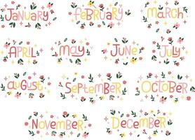 Set Collection Colorful floral month lettering vector Illustration