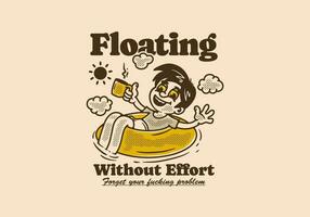 Floating without effort, a child relaxes on a lifebuoy with his hand holding a cup of coffee vector