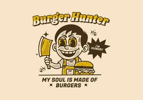 Burger hunter, illustration of a boy holding butcher knife with burger in front of him vector