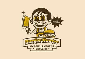 hamburguesa cazador, ilustración de un chico participación Carnicero cuchillo con hamburguesa en frente de él vector