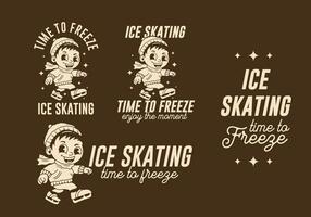 hielo Patinaje hora a congelar, mascota personaje ilustración de un pequeño chico jugando hielo patinar vector