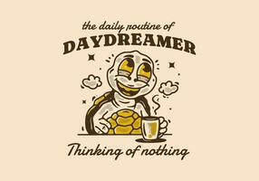 soñador pensando de nada, mascota personaje de Tortuga bebida un café mientras soñador vector