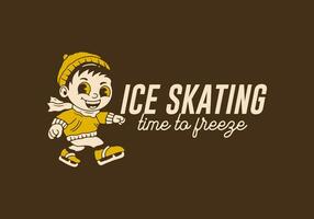 hielo Patinaje hora a congelar, mascota personaje ilustración de un pequeño chico jugando hielo patinar vector