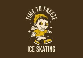 hielo Patinaje hora a congelar, mascota personaje ilustración de un pequeño chico jugando hielo patinar vector