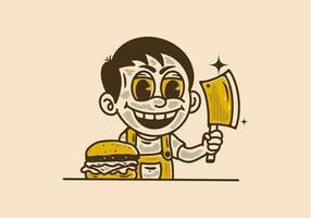 ilustración de un chico participación Carnicero cuchillo con hamburguesa en frente de él vector