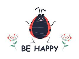 Funny ladybug on an isolated white background. All children's drawing of a ladybug. Vector illustration in cartoon style.