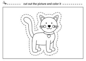 Cutting practice for kids. Black and white worksheet. Cut out and glue cute cat. vector