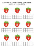 Worksheet for kids. Color the blocks below according to the number on the strawberries. vector