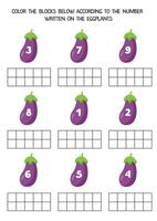 Worksheet for kids. Color the blocks below according to the number on the eggplants. vector