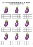 Worksheet for kids. Color the blocks below according to the number on the eggplants. vector