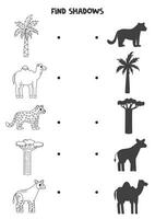 encontrar el correcto oscuridad de negro y blanco africano animales lógico rompecabezas para niños. vector