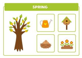 Learning season spring, blossoming tree, nest, flowers, birdhouse, watering can. vector