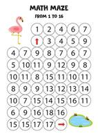 Get cute pink flamingo to water pond by counting to 16. vector