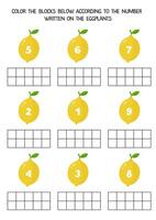 Worksheet for kids. Color the blocks below according to the number on the lemons. vector