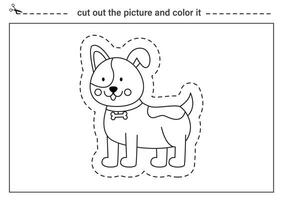 Cutting practice for kids. Black and white worksheet. Cut out and glue cute dog. vector