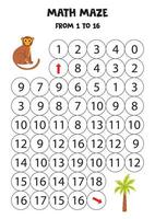 Get cute brown monkey to palm tree by counting to 16. vector