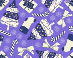 Cute Christmas objects seamless pattern in white, blue and yellow on purple background. Christmas tree, socks, bow, candy cane, snowflake and gift box repeat pattern. Hand drawn illustration. vector