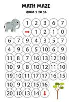 Get cute elephant to acacia tree by counting to 16. vector