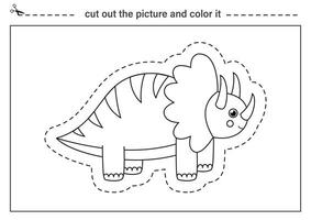 Cutting practice for kids. Black and white worksheet. Cut out and glue cute dinosaur. vector