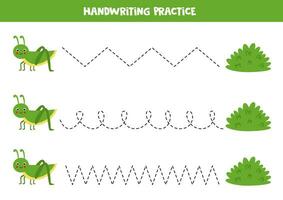 Tracing contours for kids. Cute grasshopper and bush. Handwriting practice. vector