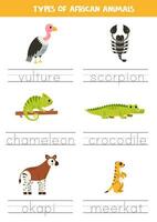 rastreo nombres de africano animal tipos escritura práctica. vector