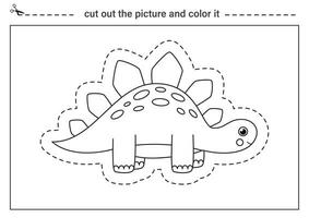 Cutting practice for kids. Black and white worksheet. Cut out and glue cute dinosaur. vector