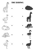 Find the correct shadows of black and white African animals. Logical puzzle for kids. vector