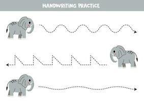 Tracing contours for kids. Cute elephant. Handwriting practice. vector