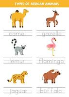Tracing names of African animal types. Writing practice. vector