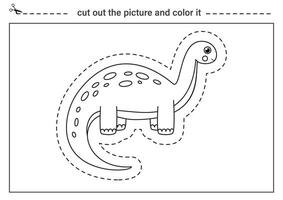 Cutting practice for kids. Black and white worksheet. Cut out and glue cute dinosaur. vector