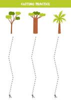 Cutting practice for children with cartoon safari trees. vector