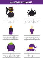 Tracing names of cute Halloween elements. Writing practice. vector