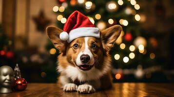 de cerca retrato de un linda perro en un rojo Papa Noel claus sombrero entre ardiente luces en el antecedentes de un invierno Nevado paisaje. nuevo año fiesta. copos de nieve en el aire. generativo ai. foto