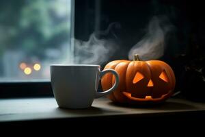 Halloween coffee pumpkin cup with a hot drink, and steam a festive banner for a cafe with a copy space. Generative Ai. photo