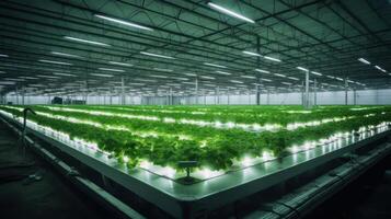 hidropónico interior vegetal planta fábrica en exposición espacio depósito. interior de el granja hidroponia. verde ensalada granja. lechuga romano creciente en invernadero con LED iluminación. generativo ai. foto