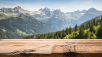 Wooden desk of free space for your decoration and summer landscape of beach. Generative Ai. photo