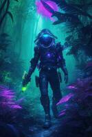 3D rendering of an alien in a dark forest with neon lights photo