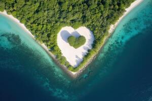 Tropical island in the shape of heart. Aerial view. 3D illustration. Generative Ai. photo