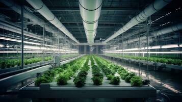 Hydroponic indoor vegetable plant factory in exhibition space warehouse. Interior of the farm hydroponics. Green salad farm. Lettuce Roman growing in greenhouse with led lightning. Generative Ai. photo