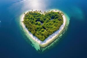 Tropical island in the shape of heart. Aerial view. 3D illustration. Generative Ai. photo