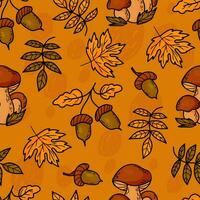 bosque otoño sin costura modelo. ceps hongos y bellotas con otoño hojas en naranja fondo.. vector ilustración vistoso otoñal antecedentes para diseño, embalaje, fondo de pantalla y textil.