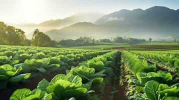 Agricultural industry. Growing salad lettuce on field. Generative Ai. photo