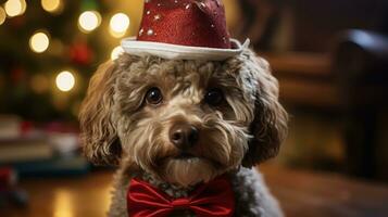 Close-up portrait of a cute dog in a red Santa Claus hat among burning lights on the background of a winter snowy landscape. New year party. Snowflakes in the air. Generative Ai. photo