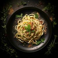parte superior ver espaguetis con tomillo, ajo y aceituna petróleo cerca arriba. generativo ai. foto