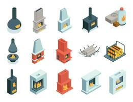 Isometric Fireplace Icon Set vector