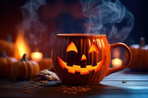 Halloween coffee,pumpkin cup with a hot drink and steam on a black scary background, a festive banner for a cafe with a copy space. Generative Ai. photo