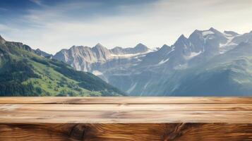 Wood table top on blur hill mountain a sunrise nature background, landscape with desk plank can be used for display your products. Generative Ai. photo